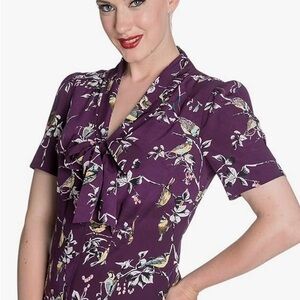 Hell Bunny Purple Tie Front Blouse with Notched Collar